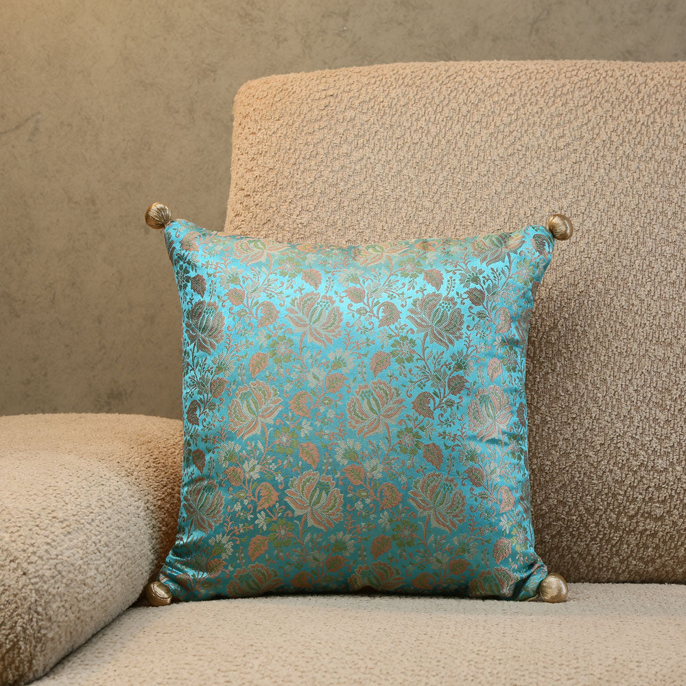Nilkamal Brocade Floral Polyester 12" x 12" Filled Cushion (Blue)