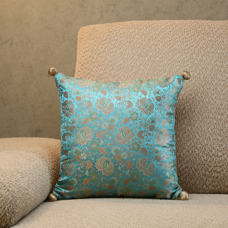 Nilkamal Brocade Floral Polyester 12" x 12" Filled Cushion (Blue)