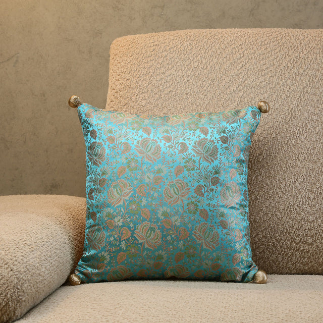 Nilkamal Brocade Floral Polyester 12" x 12" Filled Cushion (Blue)