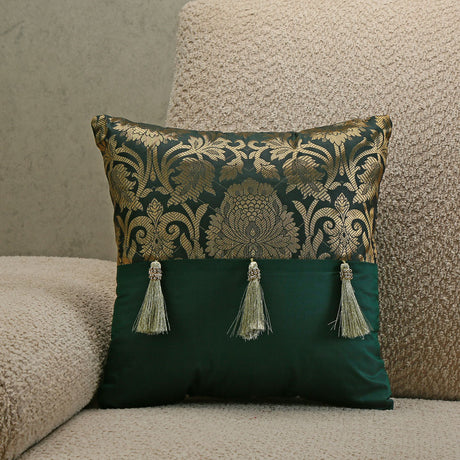 Nilkamal Brocade with Tassel Polyester 12" x 12" Filled Cushion (Green)