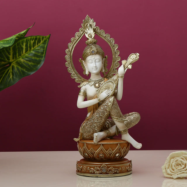 Nilkamal Buddha Holding Sitar Decorative Polyresin Showpiece (Cream)