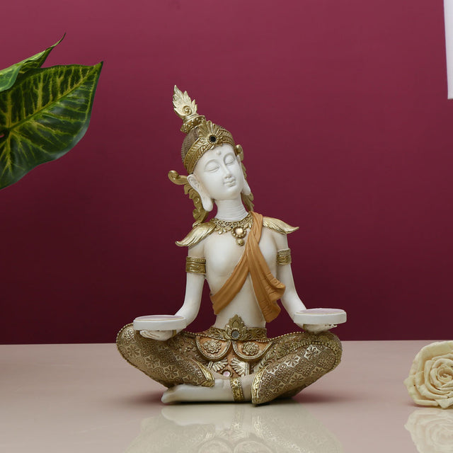 Nilkamal Buddha Holding Platter Decorative Polyresin Showpiece (Cream)