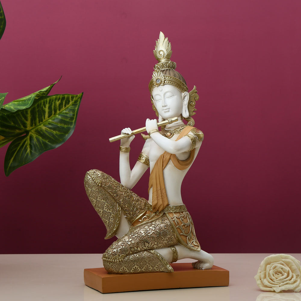 Nilkamal Buddha Sitting With Flute Decorative Polyresin Showpiece (Cream)