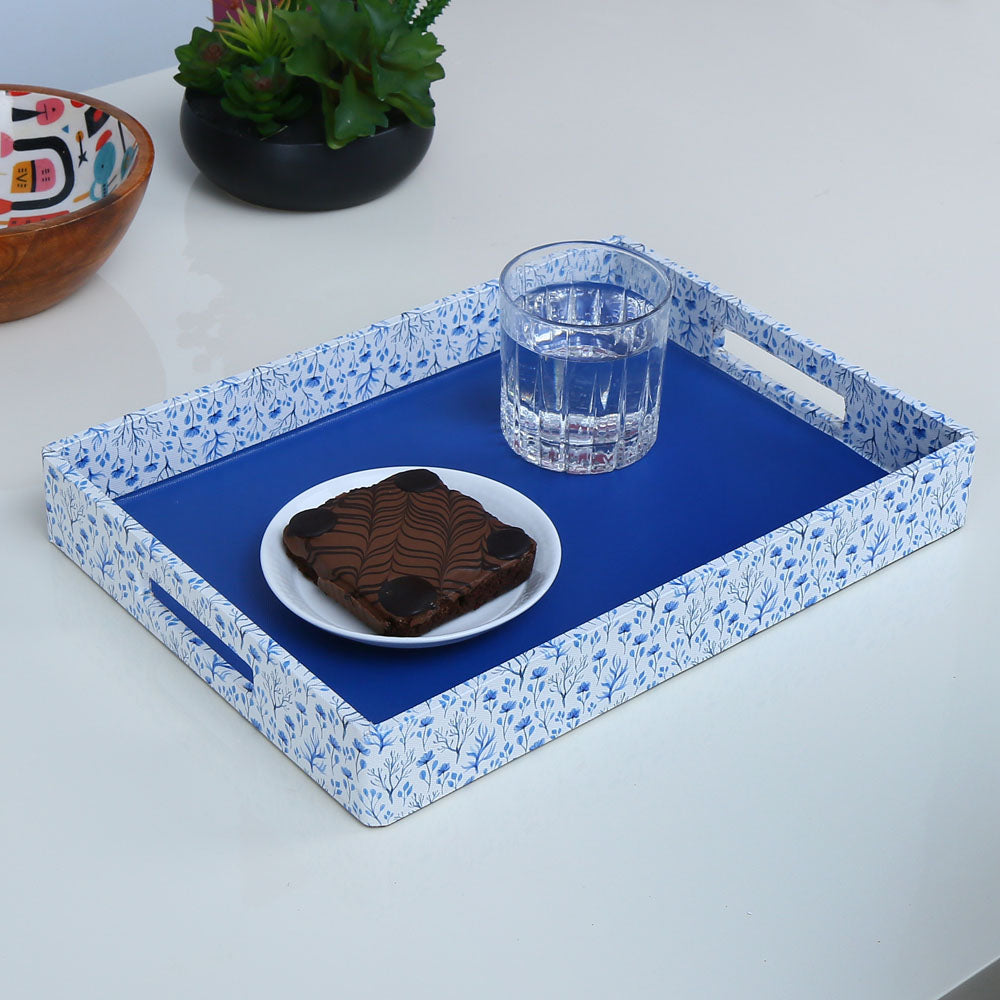 Nilkamal Floral Canvas & MDF Serving Tray (Blue)