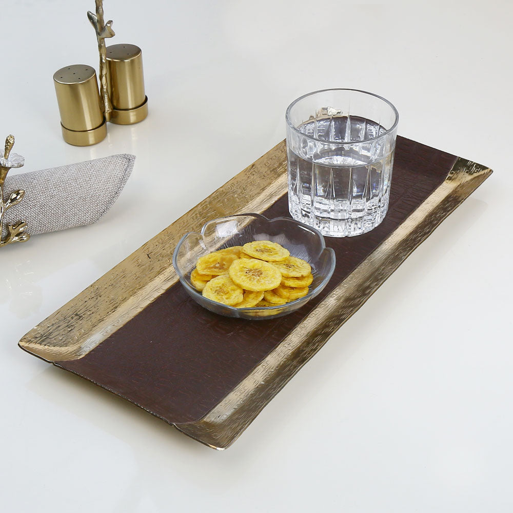 Nilkamal Faux Leather and Metal Decorative Platter (Brown and Gold)
