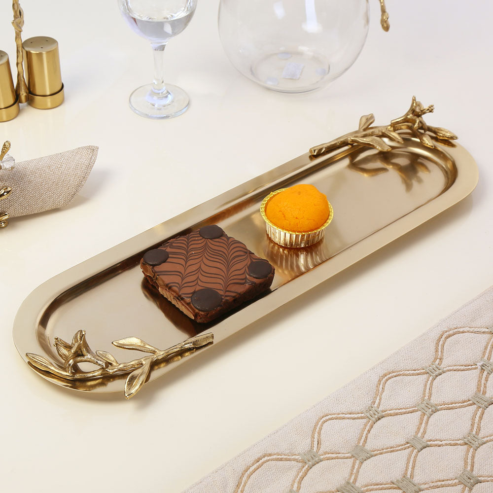 Nilkamal Decorative Oval Metal Serving Tray (Large, Gold)