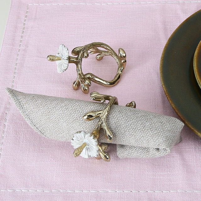 Nilkamal Flora Twigs Metal Napkin Rings Set of 2 (Gold & White)