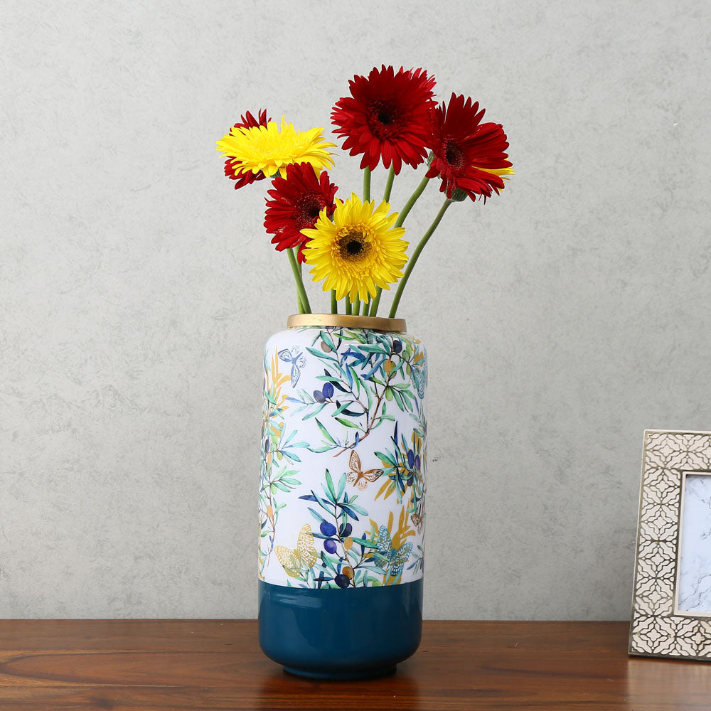 Floral and Solid Round Iron Vase - Large (Multicolor)