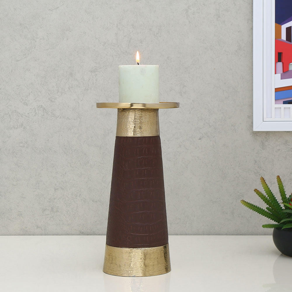 Nilkamal Decorative Faux Leather & Metal Candle Holder (Large, Brown & Gold)