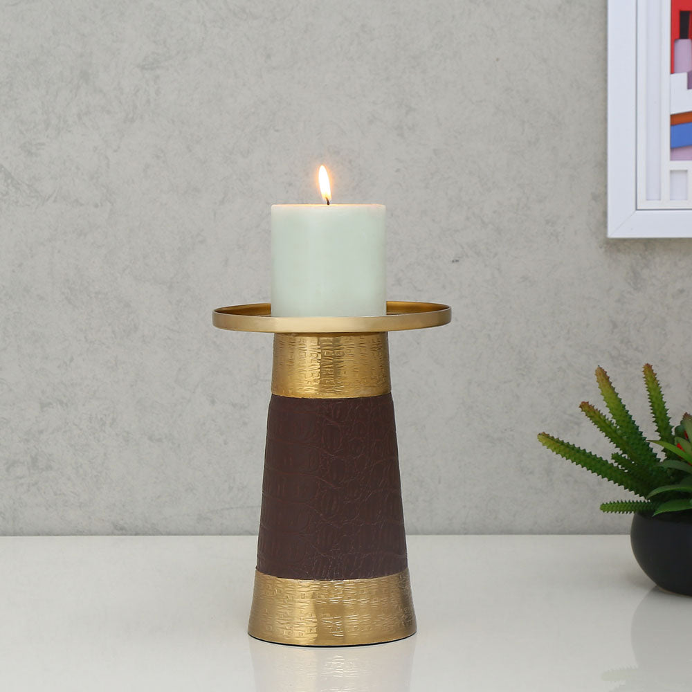 Nilkamal Decorative Faux Leather & Metal Candle Holder (Small, Brown & Gold)