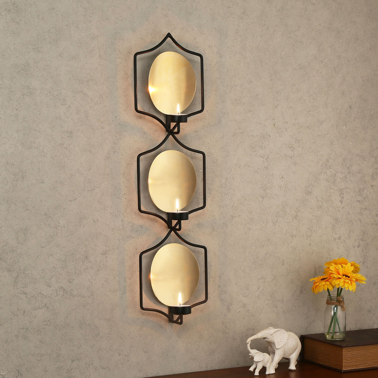 Nilkamal Decorative Three Hexagones Iron Wall Sconce (Black & Gold)