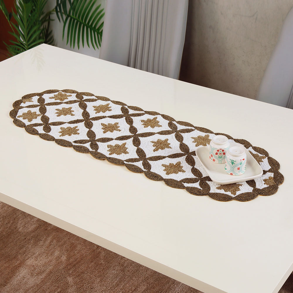 Nilkamal Decorative Floral Beaded Table Runner (90 x 33 cm, Gold & Off White)