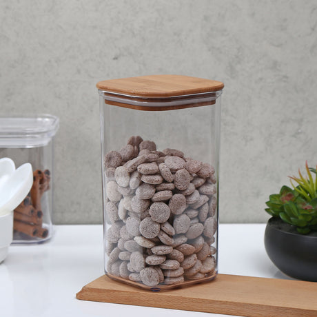 Nilkamal Square Shape 1700 Ml Canister With Bamboo Lid Transparent