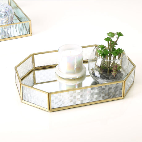 Nilkamal Decorative Iron & Glass Octagonal Tray (Gold)