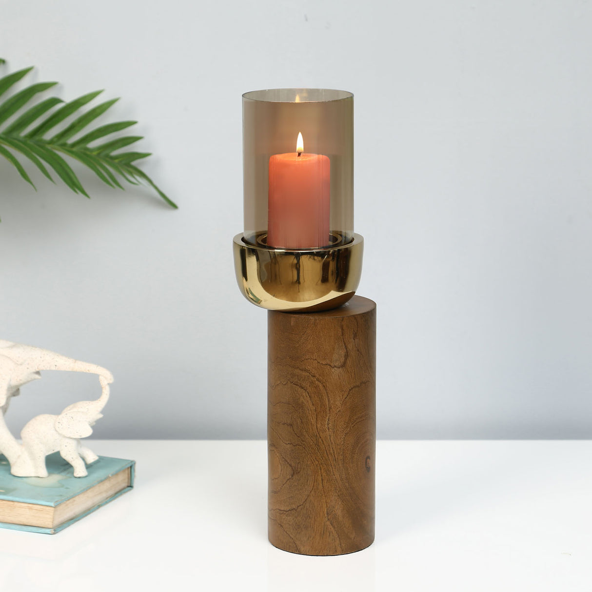 Nilkamal Decorative Wooden & Glass Candle Holder (Gold & Brown) - 02