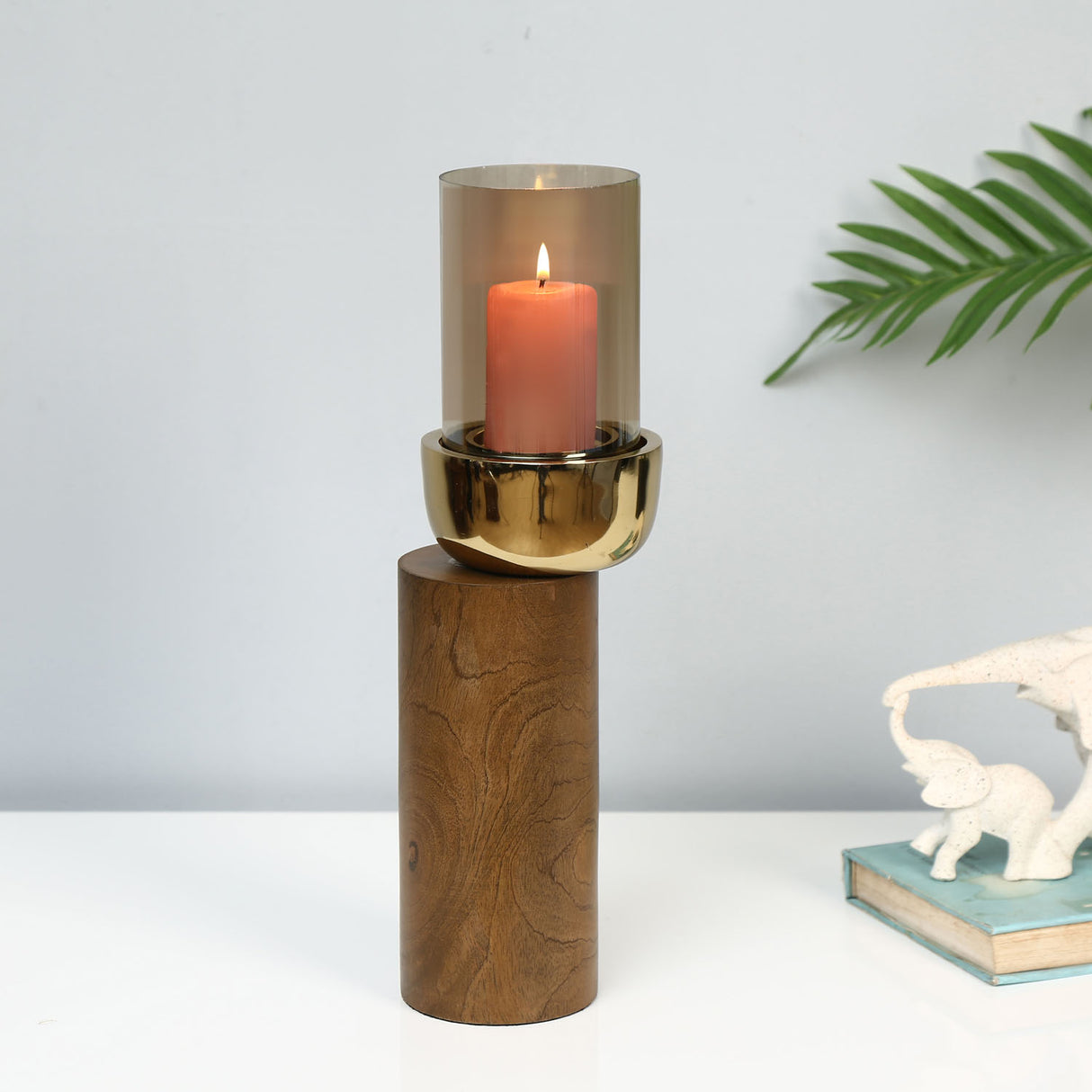 Nilkamal Decorative Wooden & Glass Candle Holder (Gold & Brown) - 01