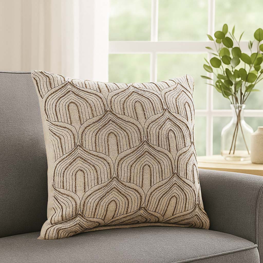 Arch Shaped Pattern Fabric Cushion Cover- Beige and Gold