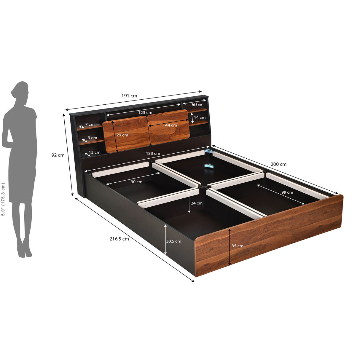 Raven Wooden King Bed with Box Storage- Wenge