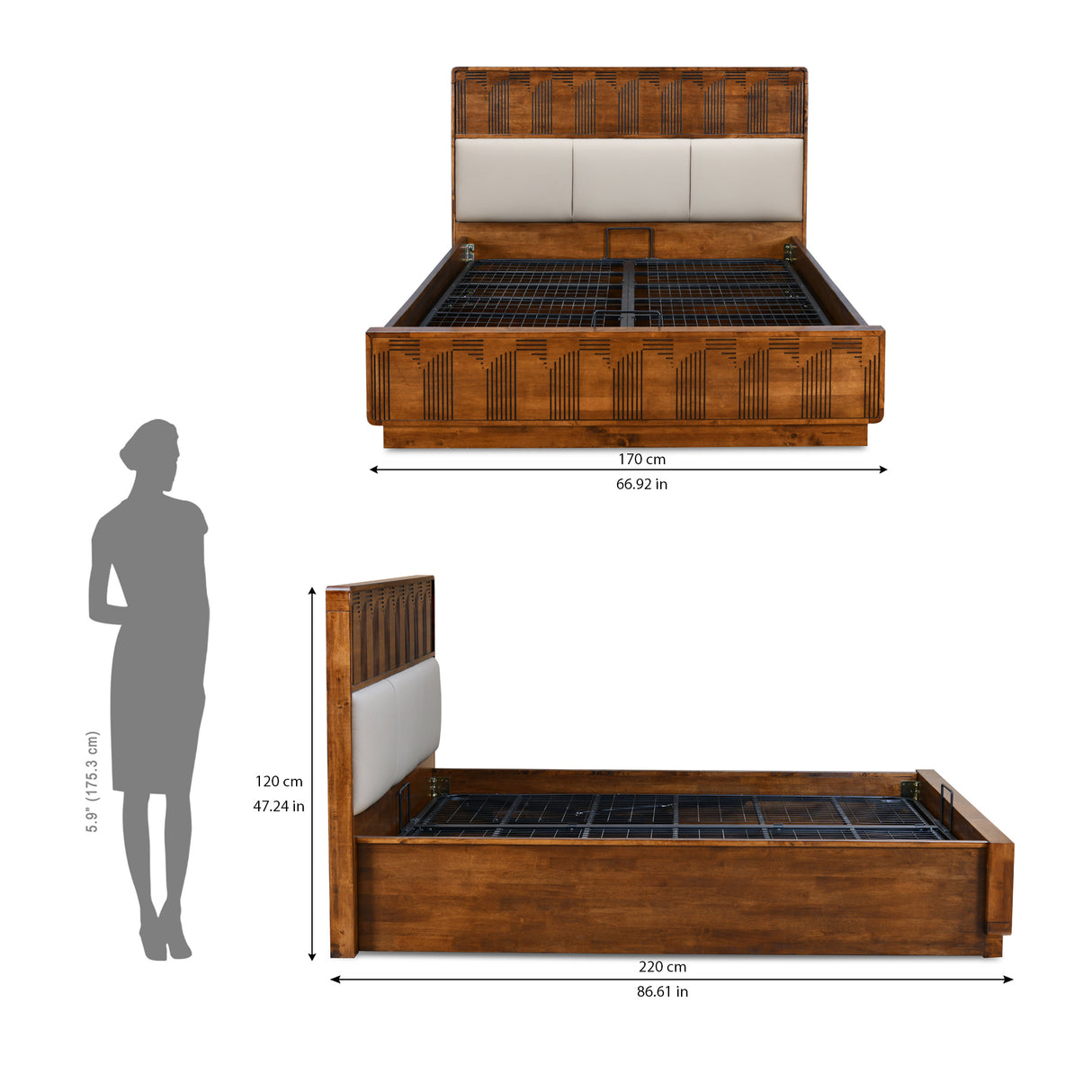 Albury Solid Wood Queen Bed with Hydraulic Storage- Antique Cherry