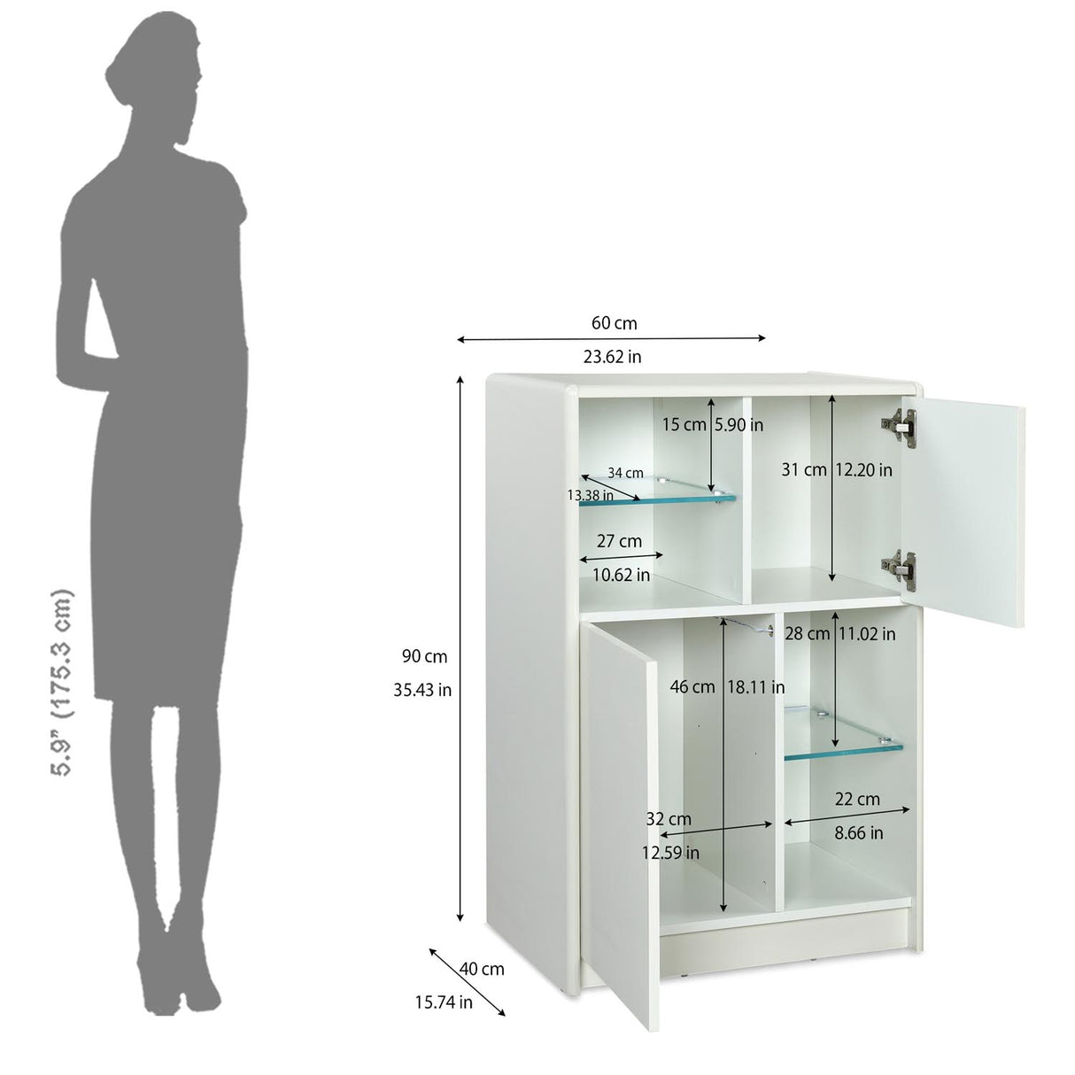 Ivory white storage cabinet with glass shelves with dimension in cms & Inches 2