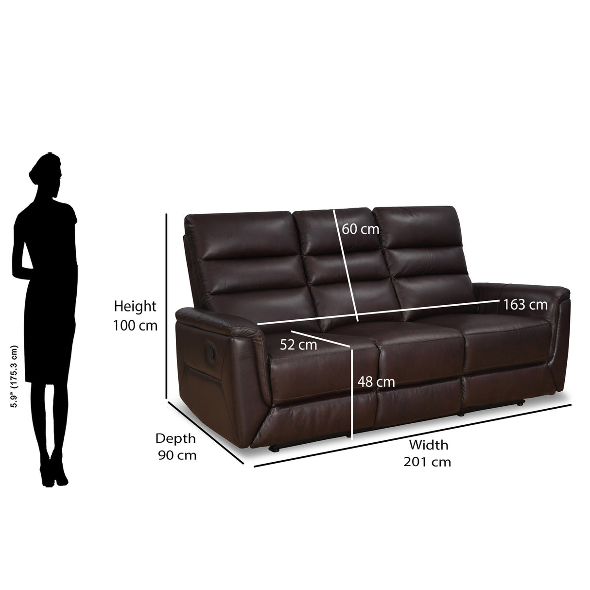Brandon 3 Seater Manual Recliner (Dark Brown)