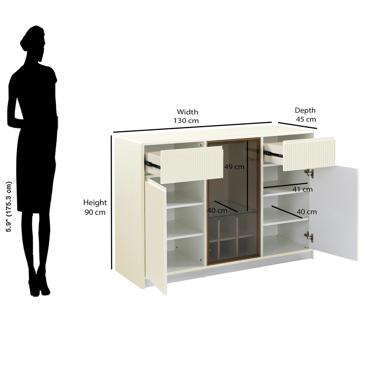 Ivory white sideboard cabinet with glass door with dimension in cms 2