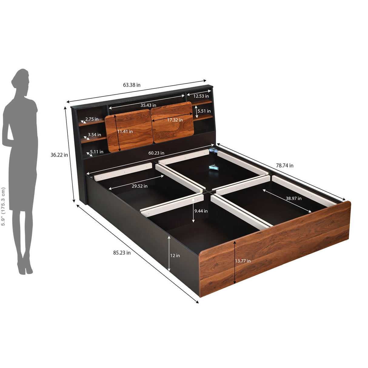 Raven Wooden Queen Bed with Box Storage- Wenge