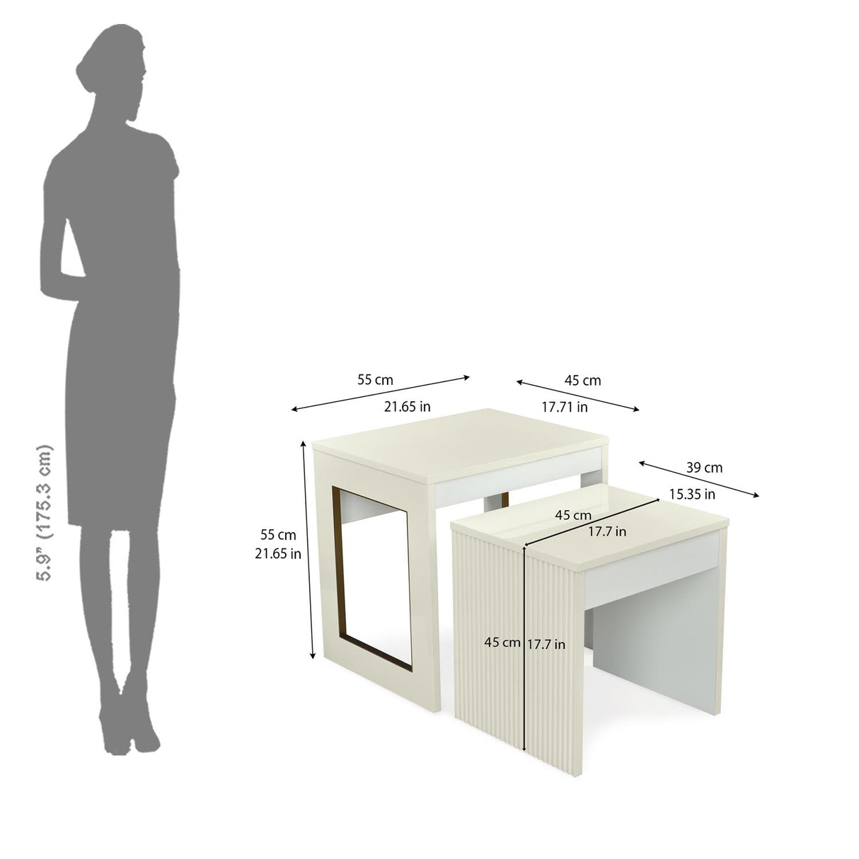 Minimalist ivory white nesting table with dimension in cms 2