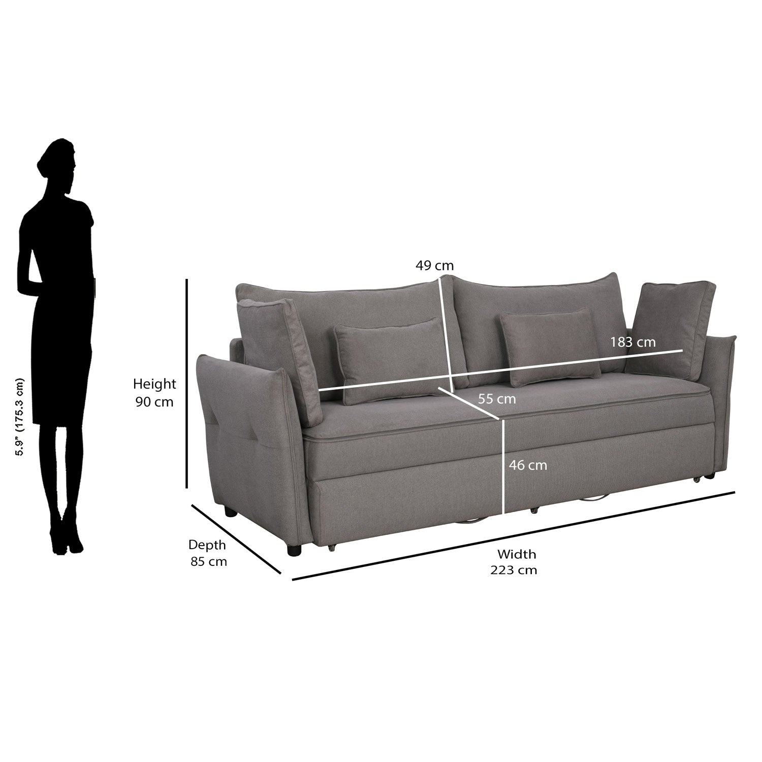 Aveo 3 Seater Sofa Cum Bed (Grey)
