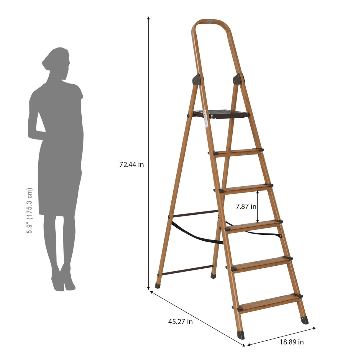 6 Steps Wooden Finished Foldable Aluminum Ladder- Brown