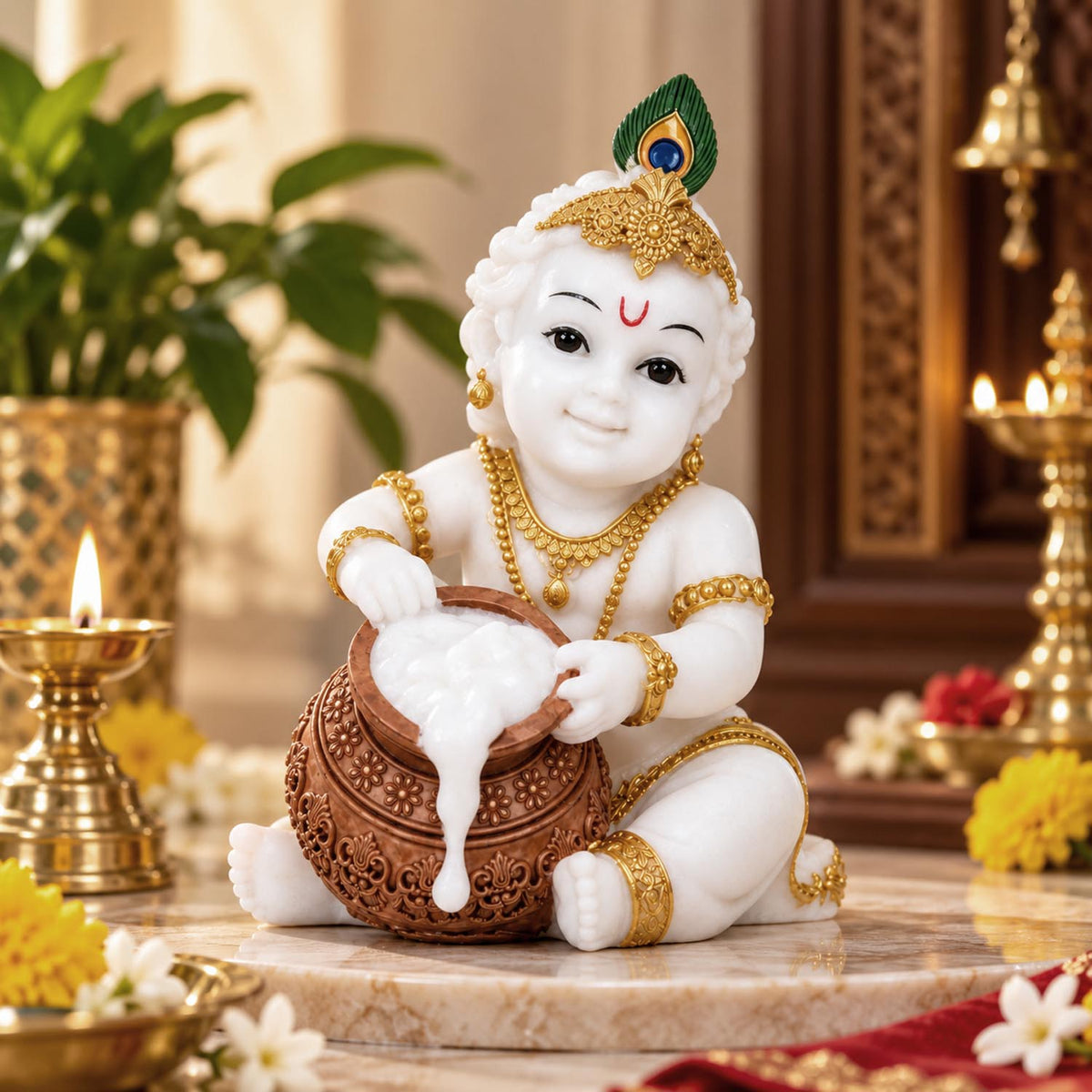 Vandanam Decorative Baby Krishna with Matki Showpiece- White & Gold