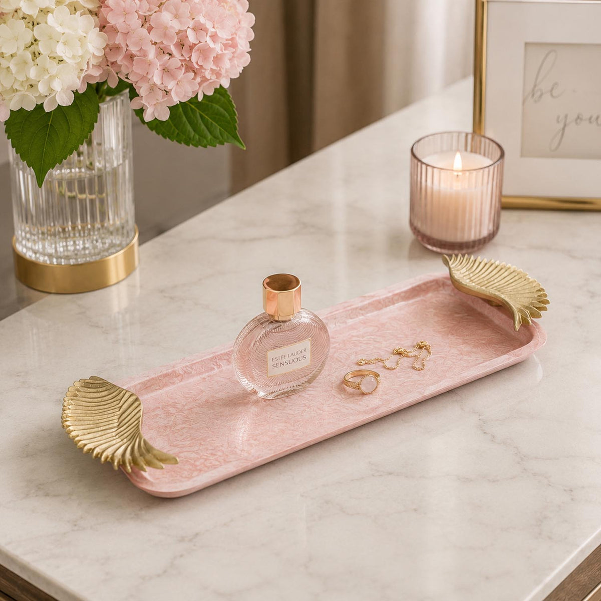 La Rosa Rectangular Tray with Wings Handle- Pink & Gold