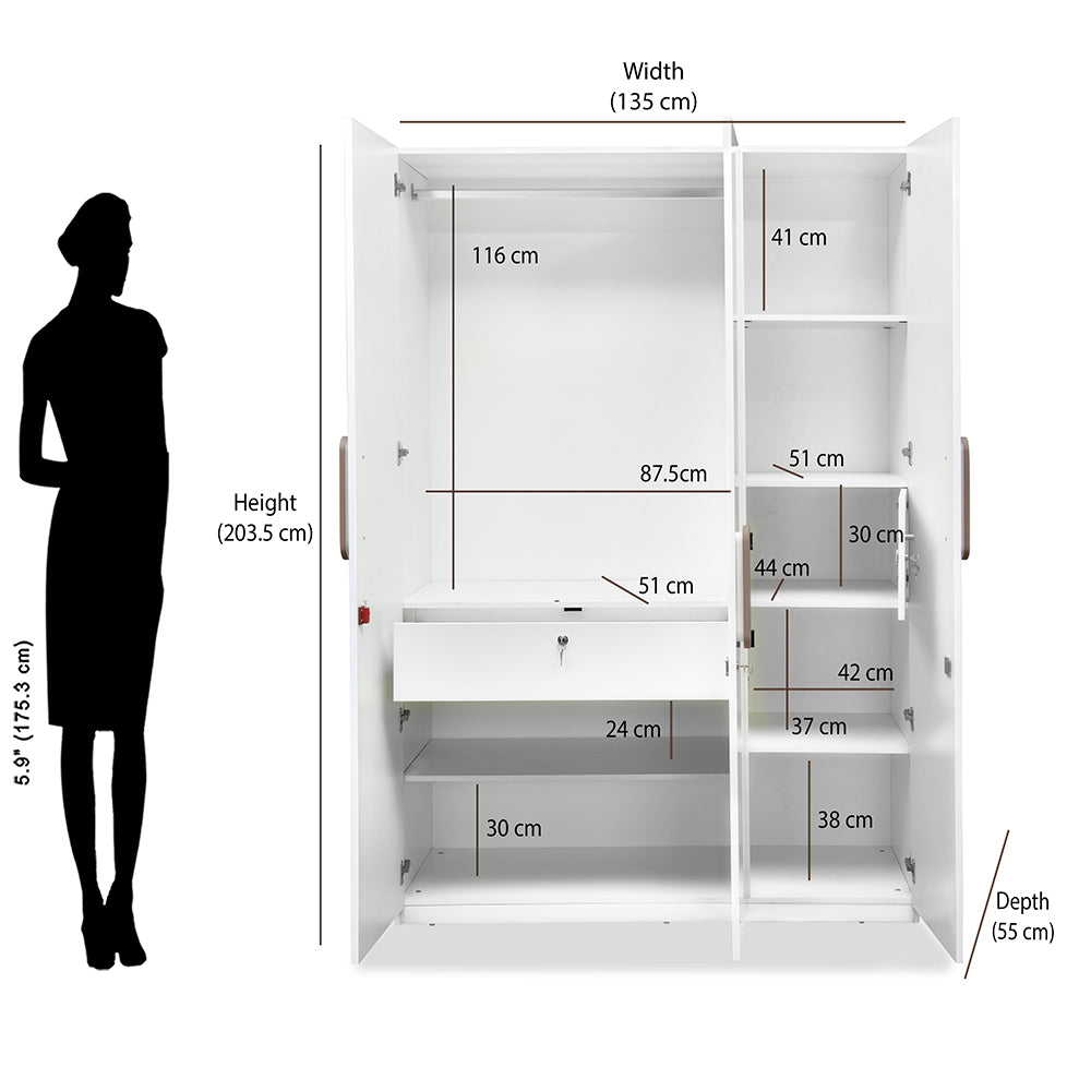 Agnes 3 Door Sliding Wardrobe with Mirror (White) - Size In Centimeter