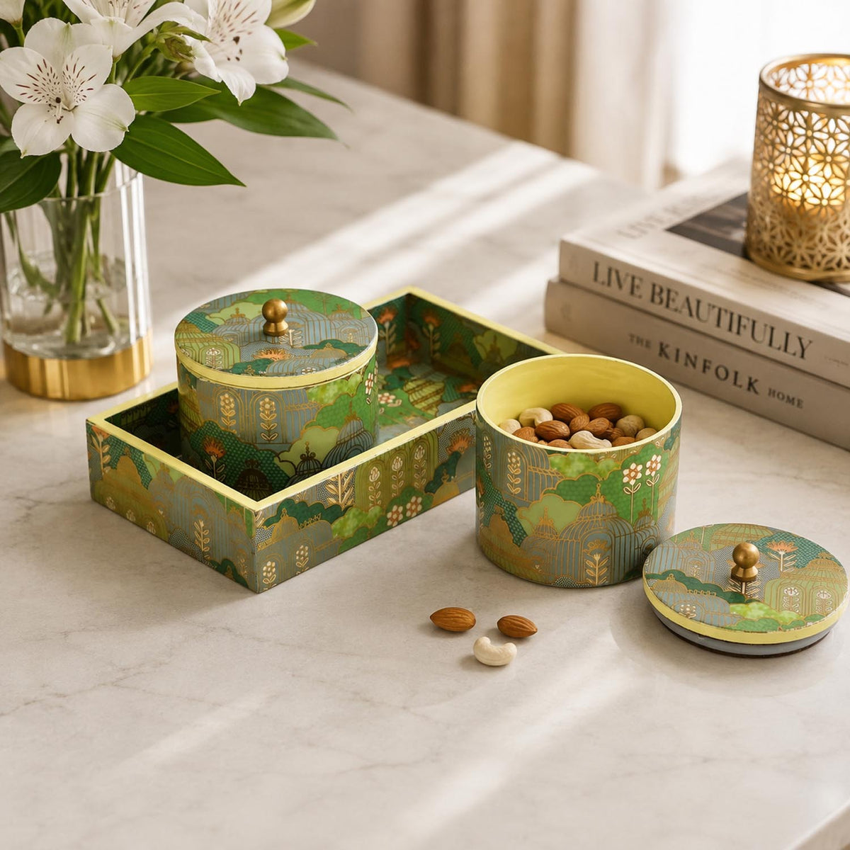 Multipurpose Cannister Set of 2 With Tray- Green