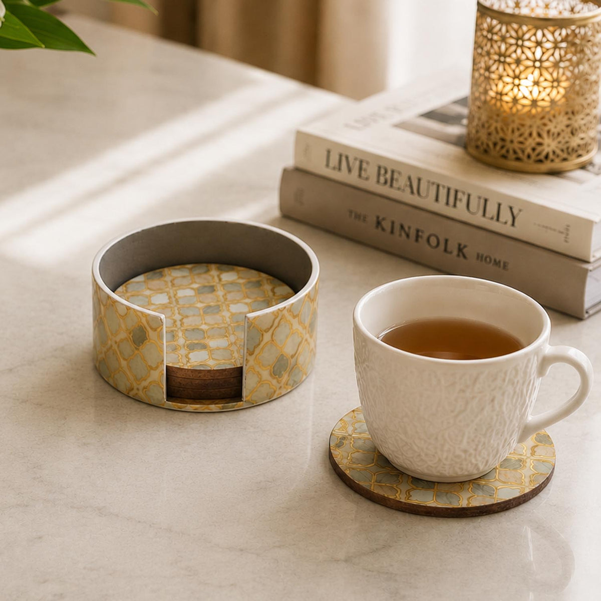 Decorative Set of 4 Coaster with Handle- Brown