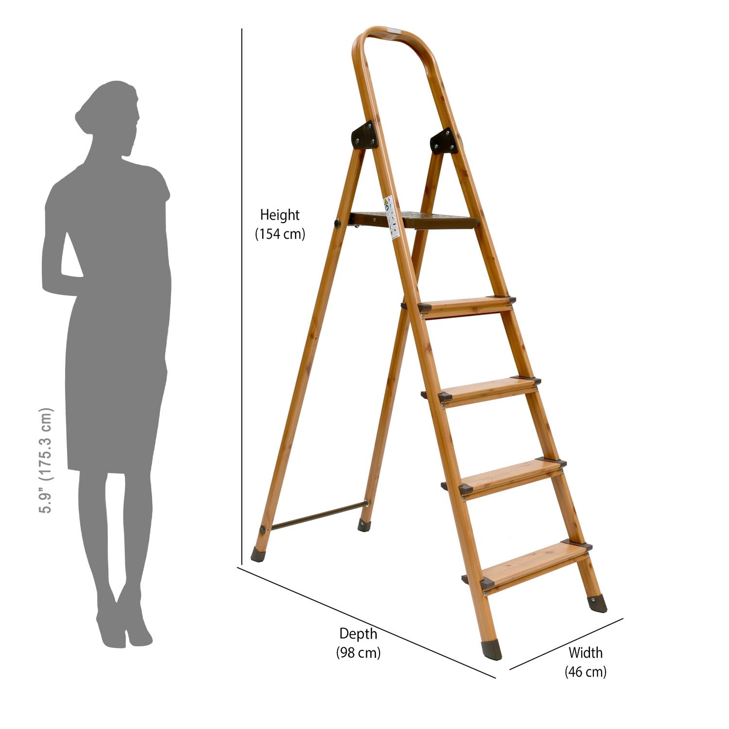 5 Steps Wooden Finished Foldable Aluminum Ladder- Brown