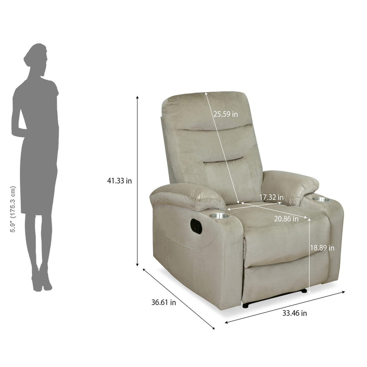 Beige recliner massage chair with cushioned armrests with dimensions in inches 2