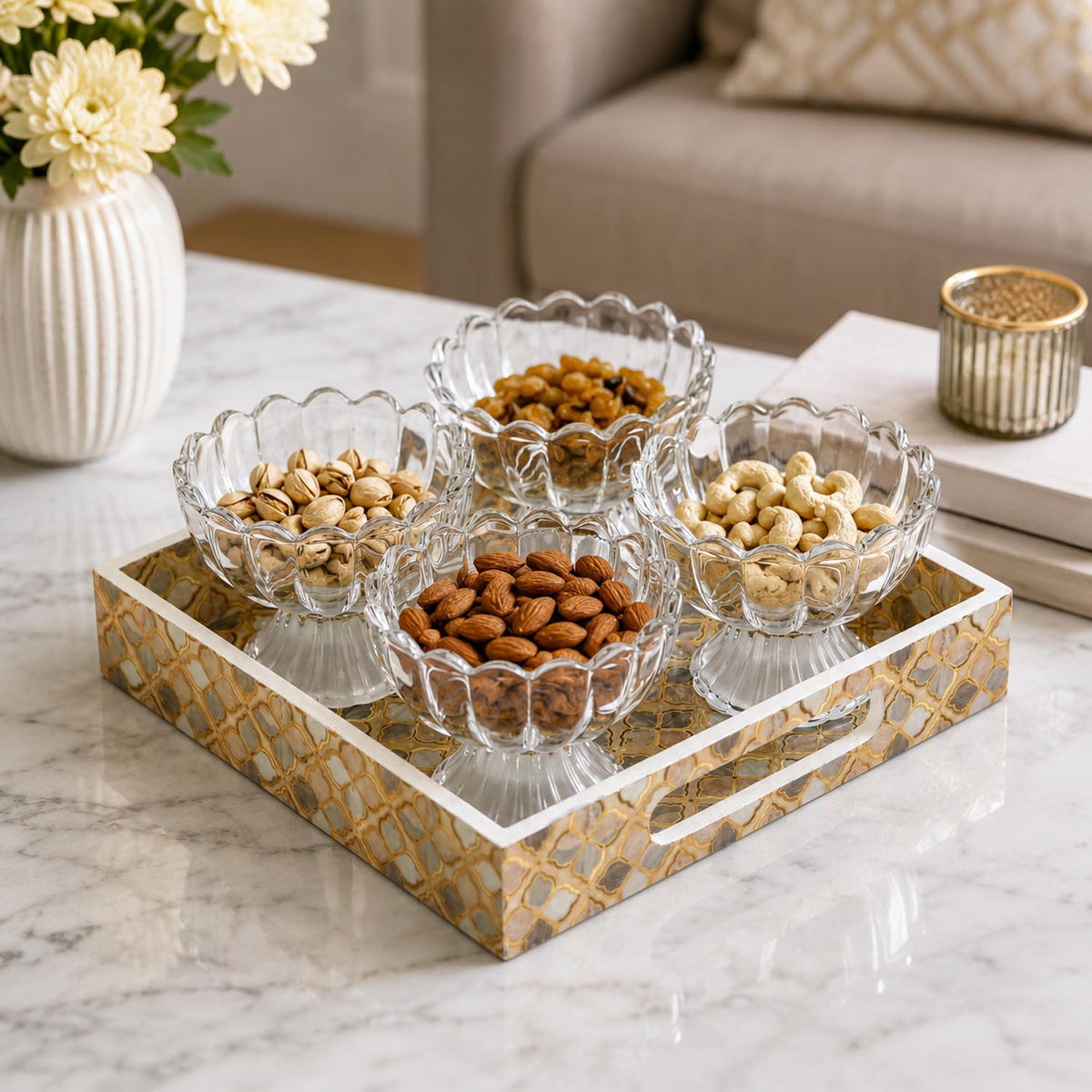 Decorative Set of 4 Bowls with Tray- Brown