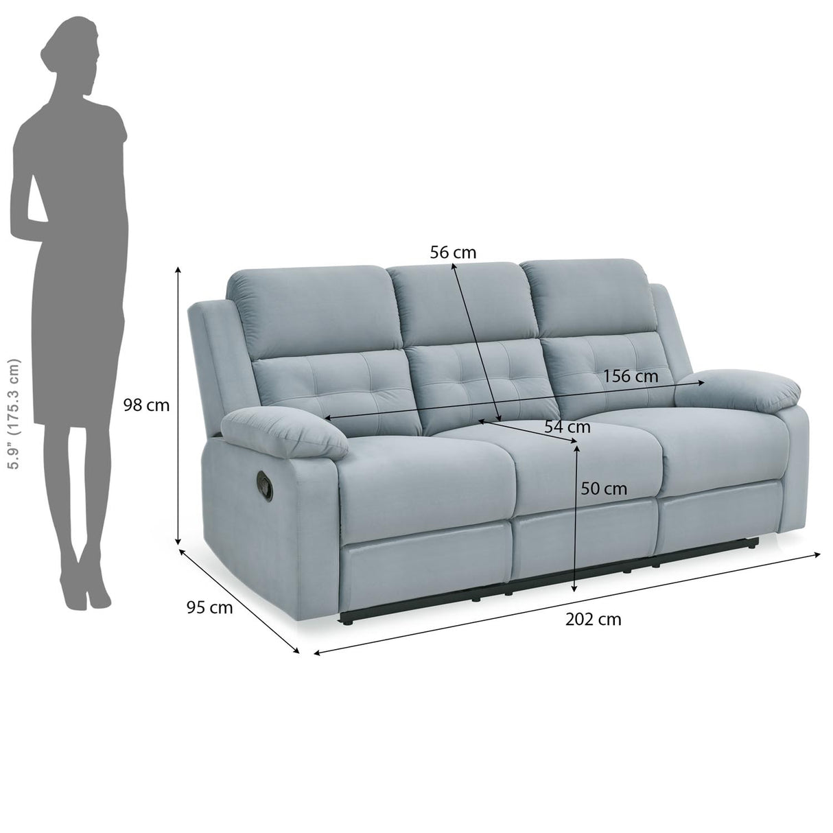 Derik 3 Seater Manual Recliner Sofa- Metallic Grey - Size In Centimeter