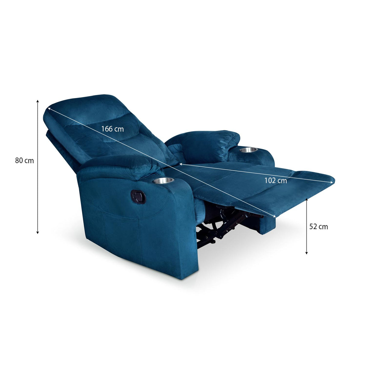 Blue recliner chair with extended footrest open with dimensions in cms 2