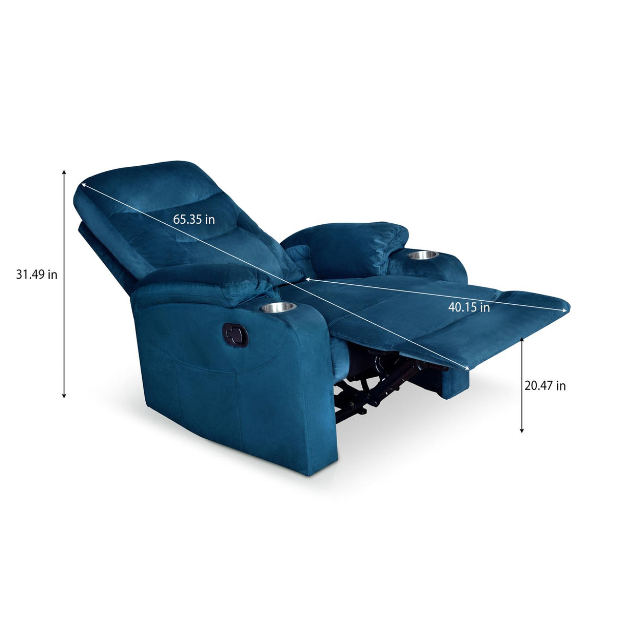 Blue recliner chair with extended footrest open with dimensions in inches 2