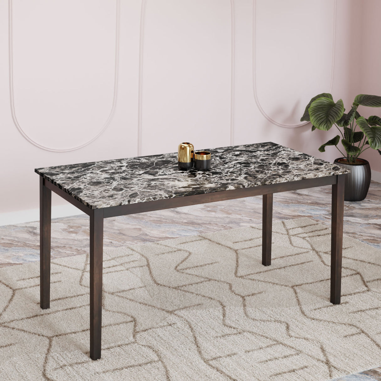 Nilkamal Adrian 6 Seater Marble Top Finish Dining Table (Dark Walnut)