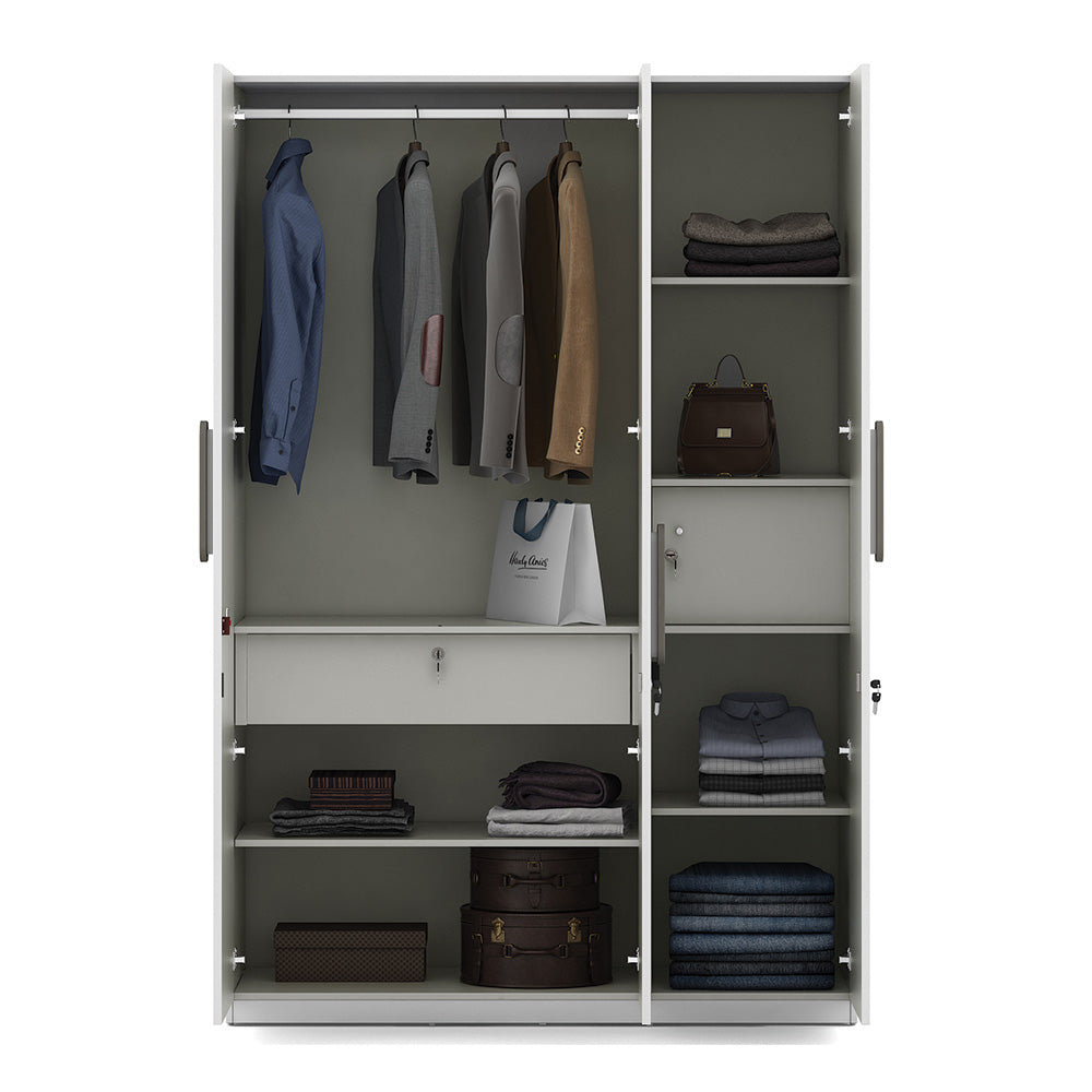 Agnes 3 Door Sliding Wardrobe with Mirror (White) - Open Storage View