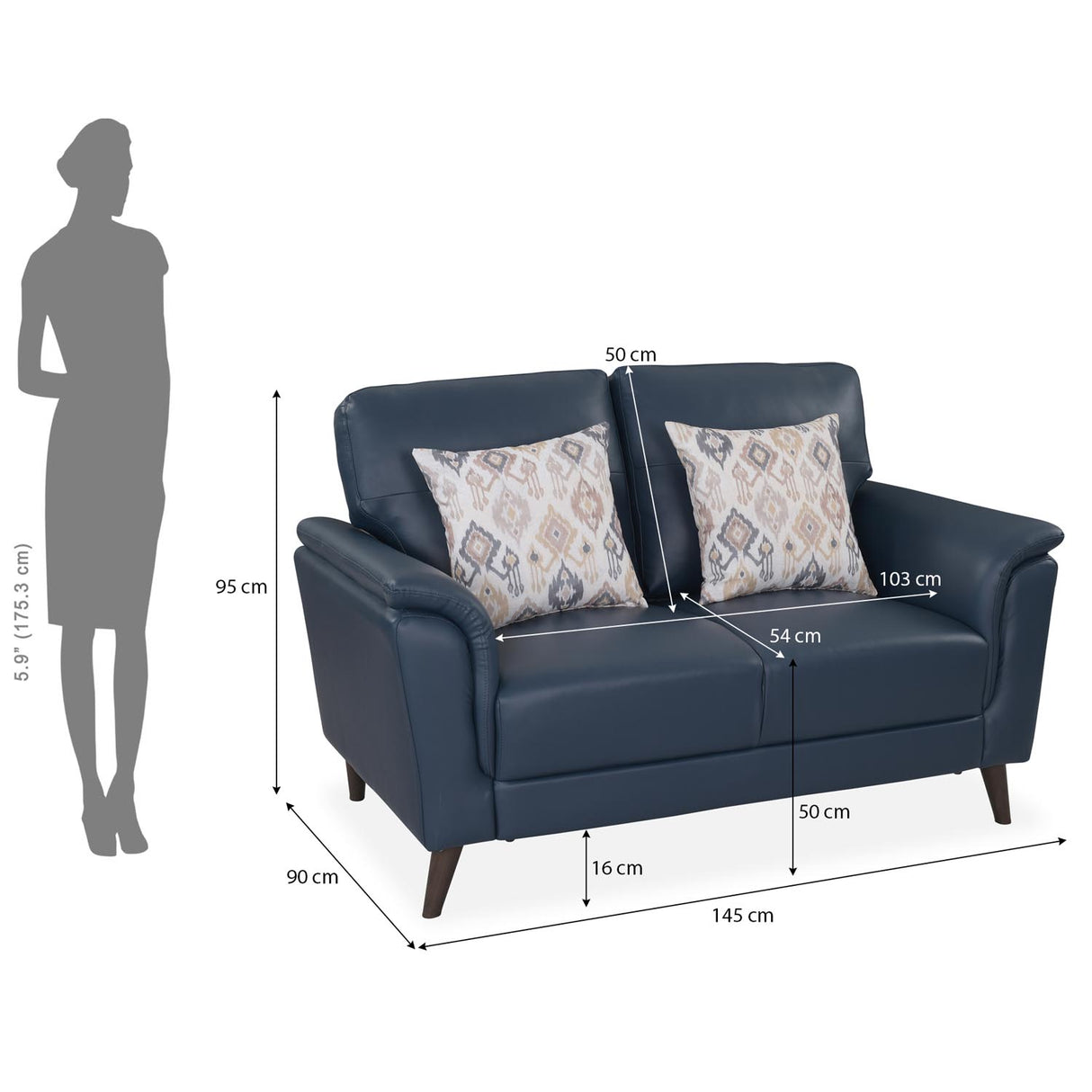 Aiden 2 Seater Leatherette Sofa- Navy Blue