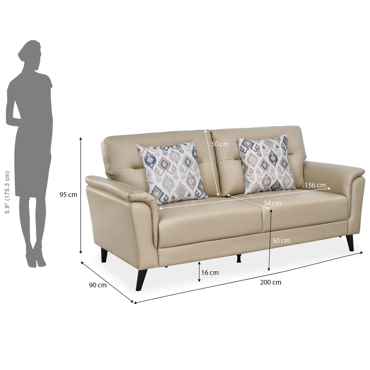 Aiden 3 Seater Leatherette Sofa- Beige