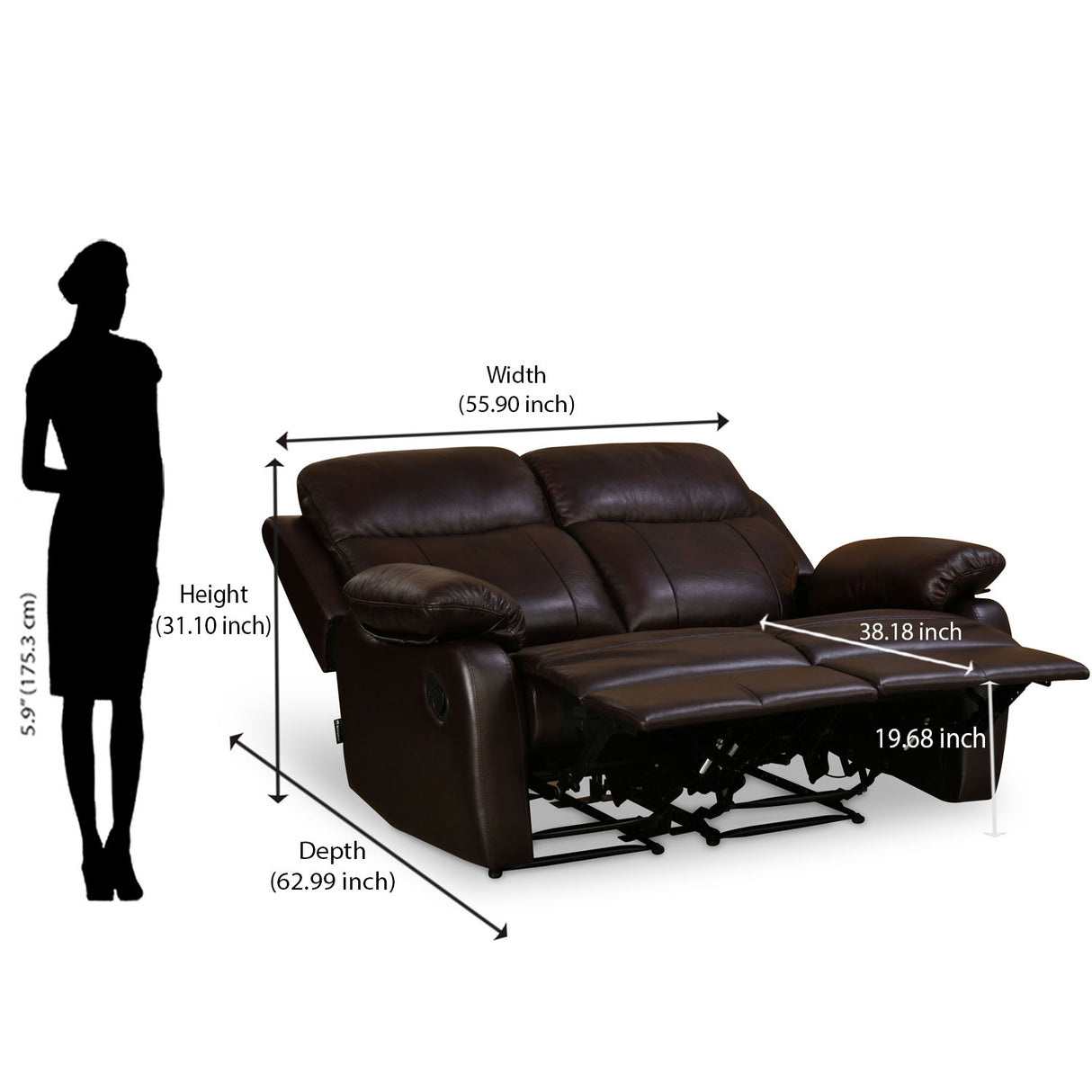 Carolina 2 Seater Leather Recliner Sofa- Brown