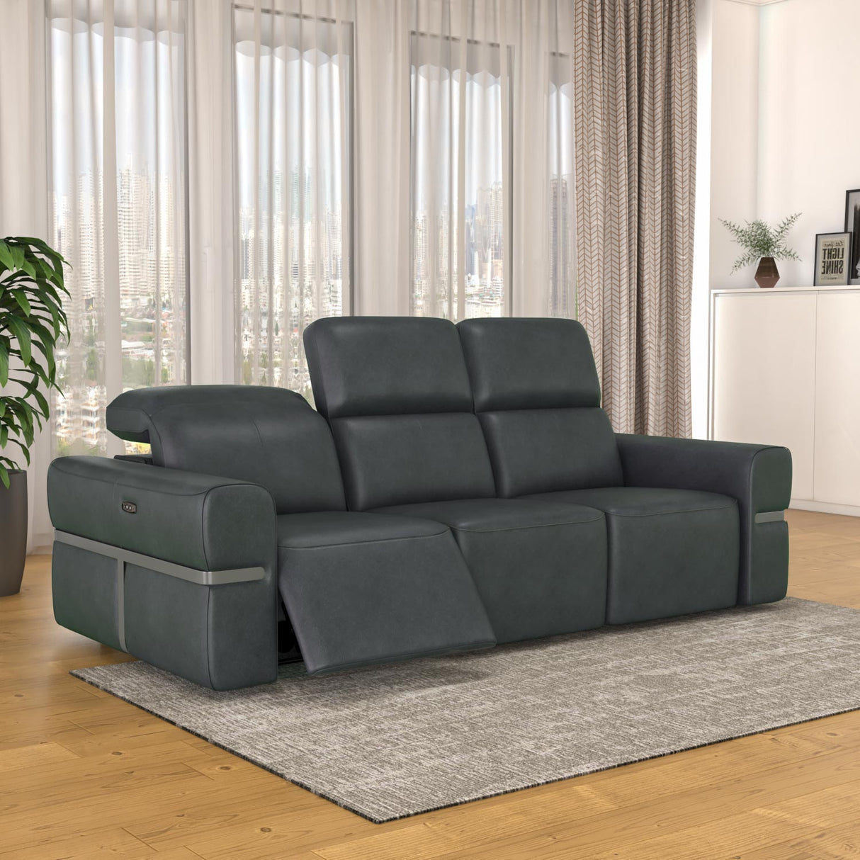 Castel 3 Seater Leather Electric Sofa Recliner- Green