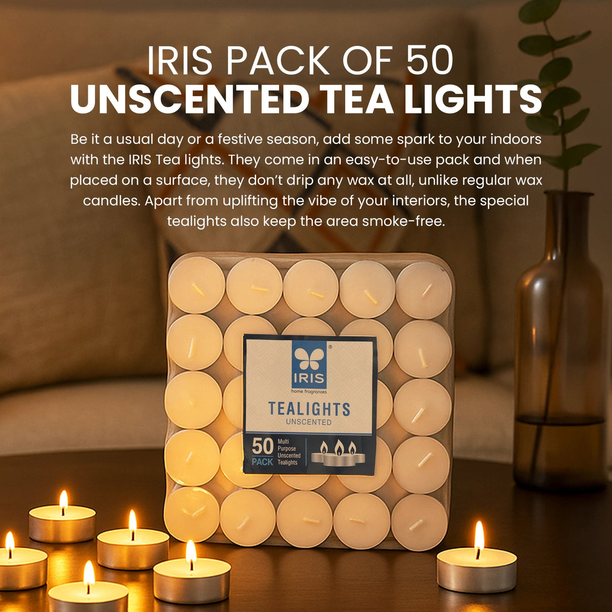 IRIS Unscented Tea Lights Pack of 50- White