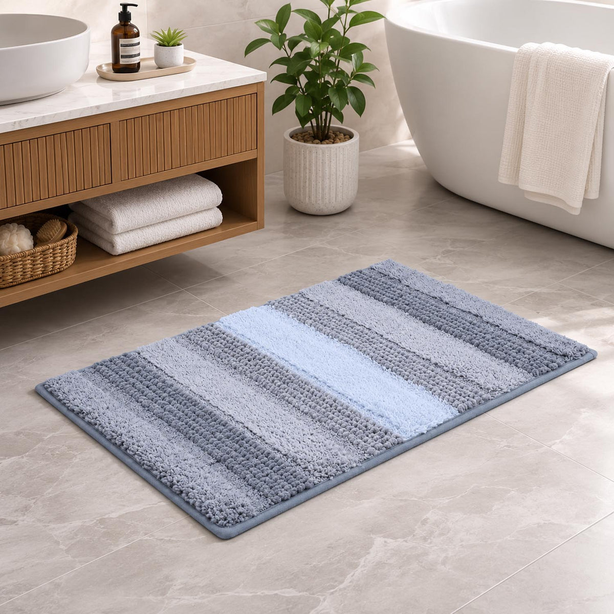 Dual Pattern Polyester 16" x 24" Bath Mat- Grey