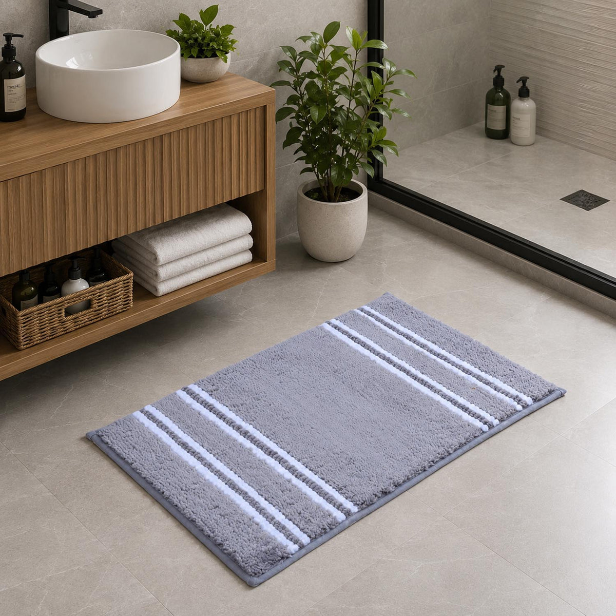 Dual Pattern Polyester 16" x 24" Bath Mat- Light Grey